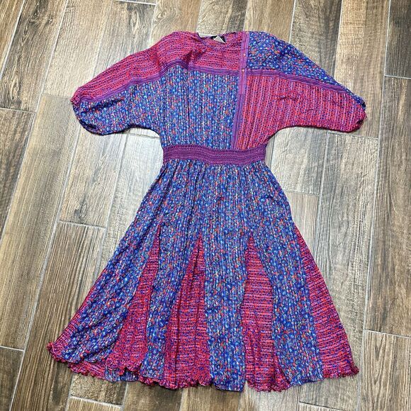 Vintage Diane Freis Dress Womens Medium Blue Red Floral Georgette Flare Boho 80s - Picture 1 of 16